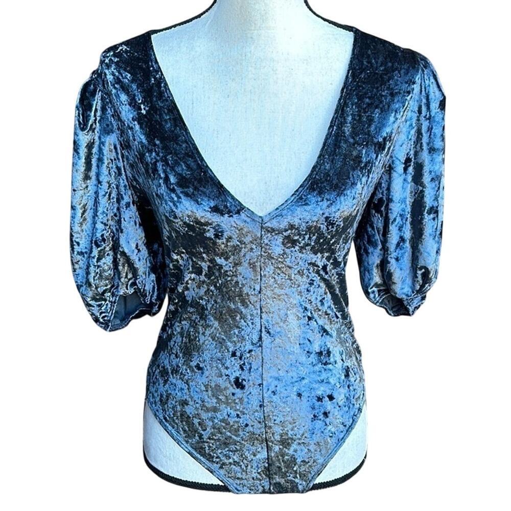 Intimately Free People Don't You Wish Velvet Bodysuit Sunflower Seed Gray Blue S